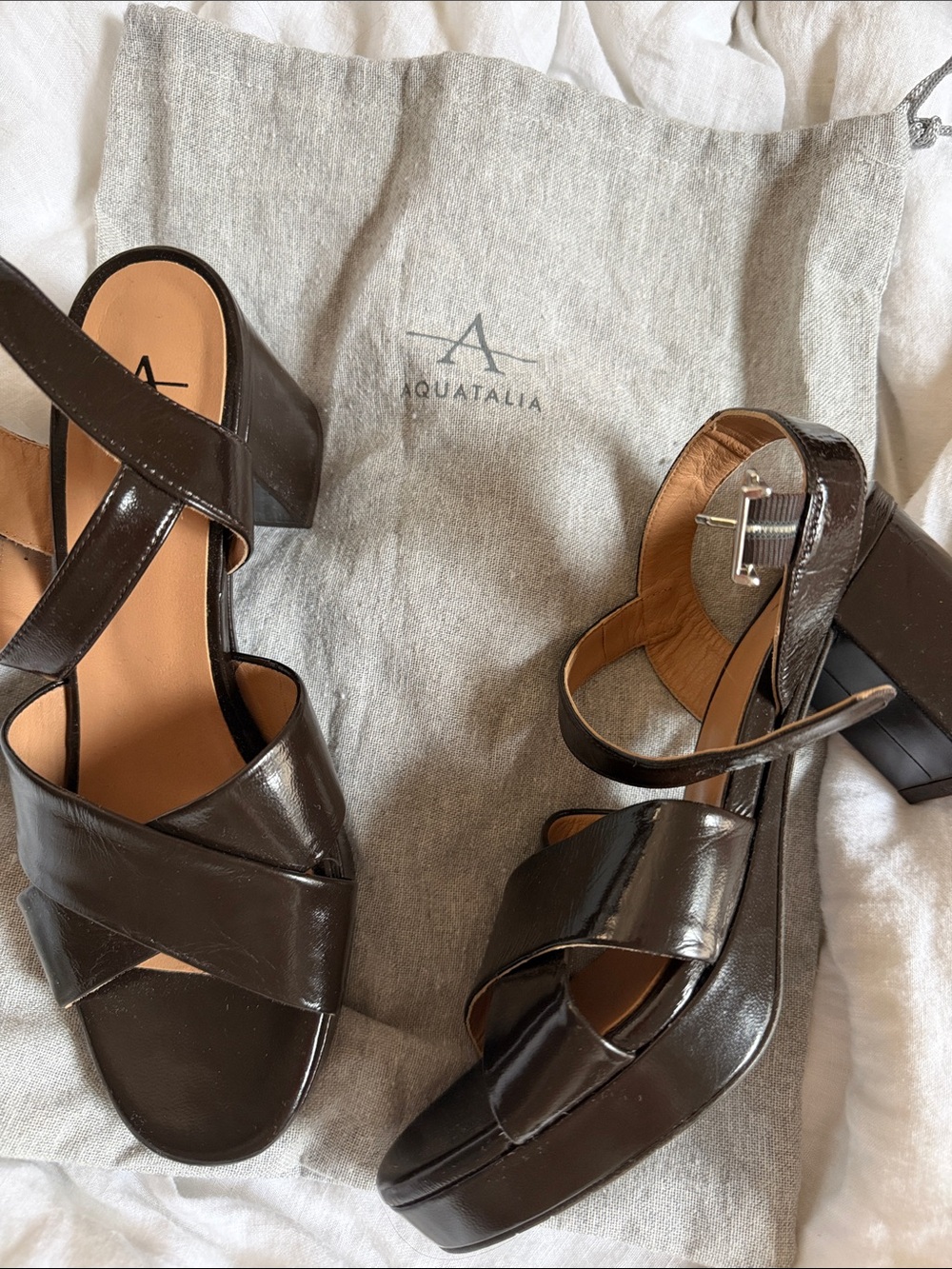 Aquatalia Dark Brown Patent Leather Platform Sandals Size 9